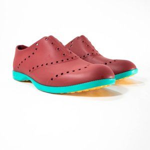 Mens Biion Shoes Brick Red & Teal w/ Yellow Soles